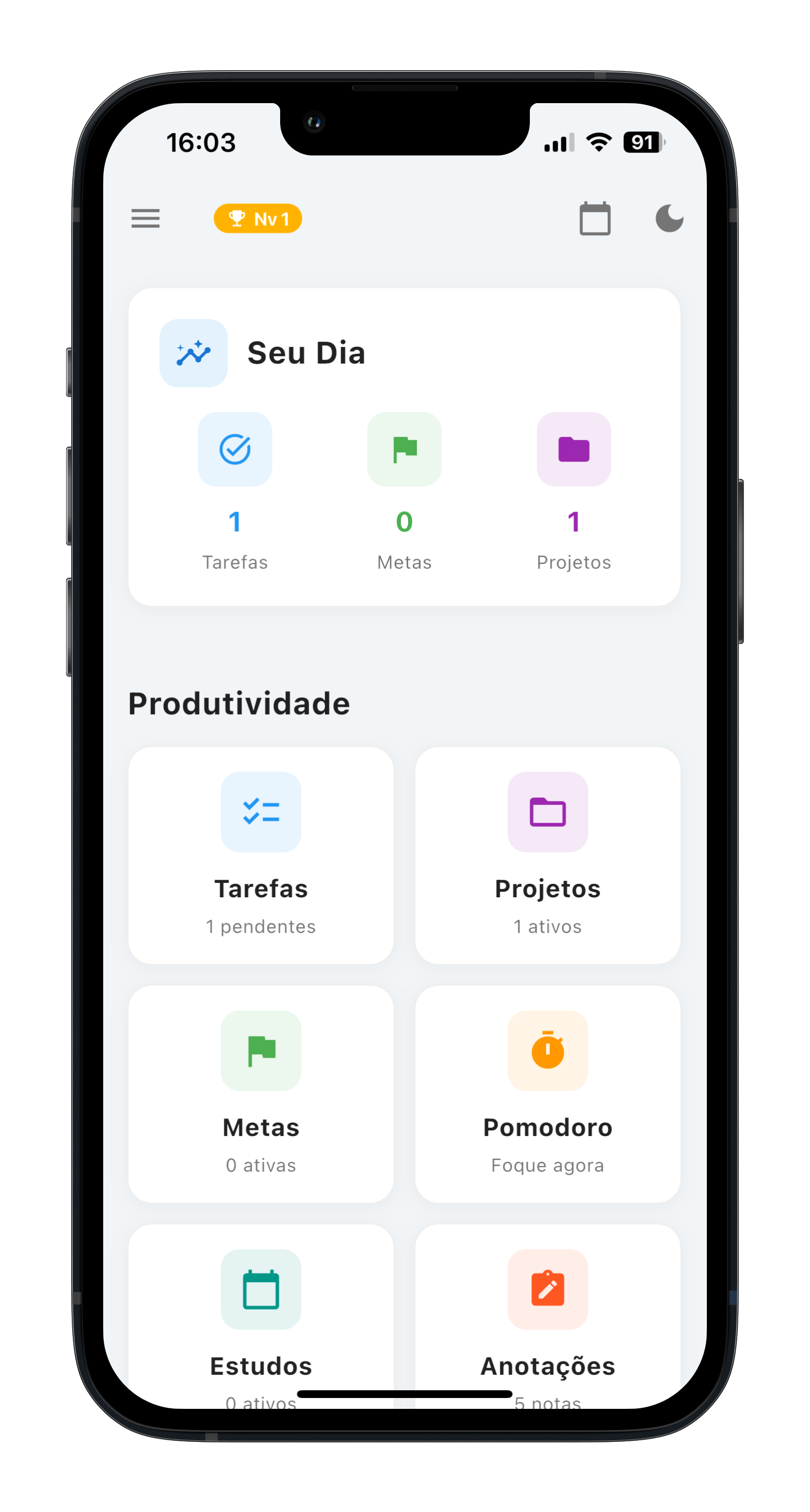 Tela inicial no Organize Sua Vida